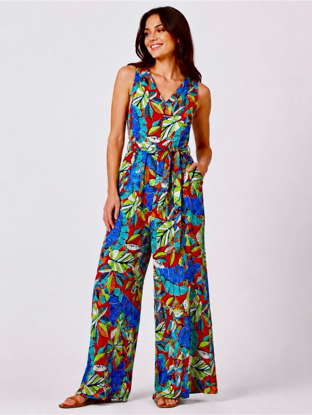 Nicole Miller New York Tropical Print Wide Leg Jumpsuit Sash Belt Size M Summer